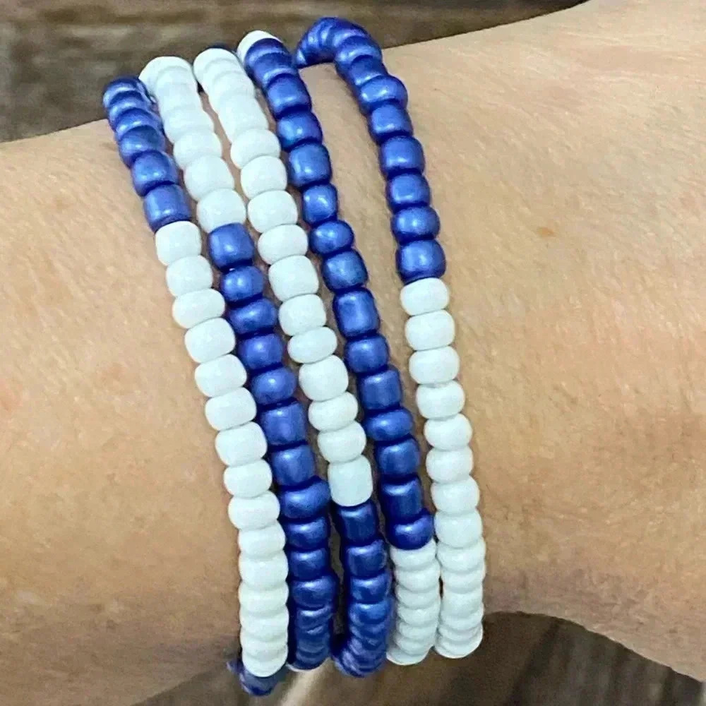Navy Blue & White Handmade Large Seed Bead Bracelet Necklace